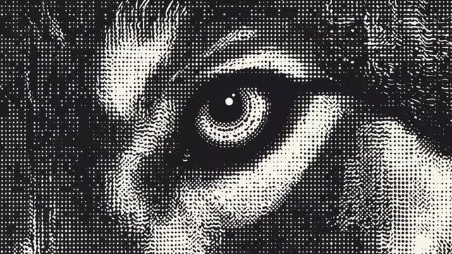 Wolf eye close-up animation featuring intense staring gaze with artistic black and white halftone dot pattern texture motion video clip