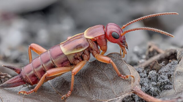 Close-up of a red earwig insect with extended antennae exploring a leaf and ground surface