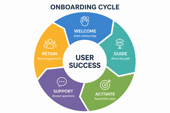 A diagram illustrates the onboarding cycle for user success, featuring stages like Welcome, Guide, Activate, Support, Retain.