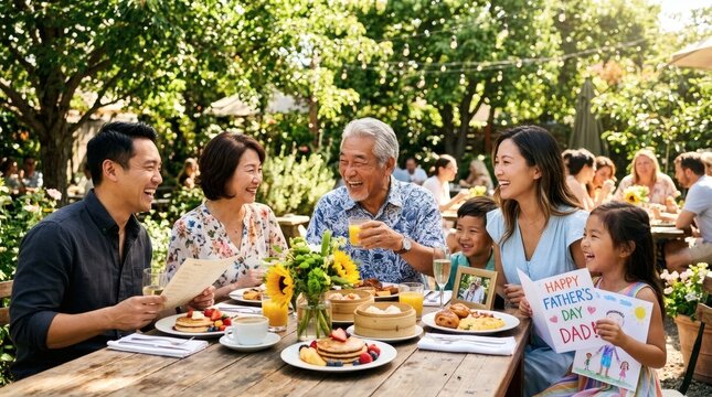 Multi-generation family celebrating Father's Day with outdoor brunch together