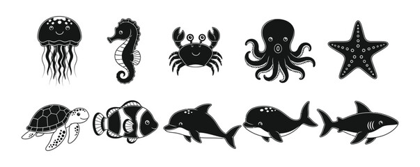 Black and white sea creature icons set featuring shark octopus seahorse and turtle. © MdShohidul