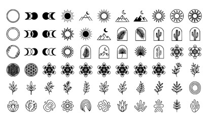 Fototapeta premium Mega Mystical Celestial and Esoteric Line Art Icon Bundle Featuring Moon Phases Sacred Geometry Sun Stars Botanical Leaves and Magic Symbols
