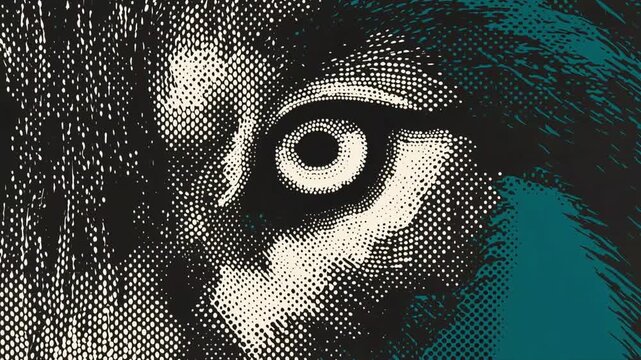 Panther eye animation motion graphic featuring stylized halftone dot patterns and intense dark teal colors for modern digital artistic projects
