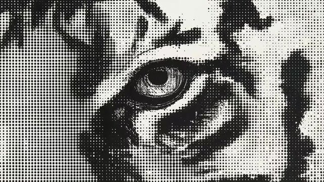 Human eye blinking motion video featuring a high contrast artistic halftone dot pattern effect for modern digital media projects
