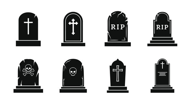 Set of black gravestone icons with various symbols like crosses and skulls, depicting cemetery elements for mourning or spooky designs.