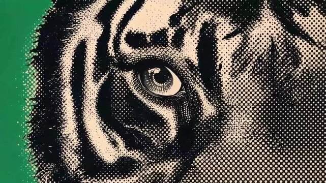 Tiger eye close up motion video featuring stylized halftone dot artistic texture with vibrant green background for creative design projects