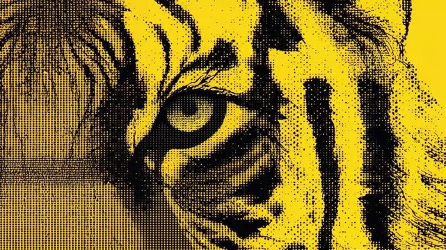 Tiger eye close-up animation featuring halftone dot patterns and yellow black vibrant motion graphics for creative design video projects