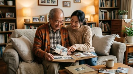 Fototapeta premium Senior man and woman laughing while looking at photo album