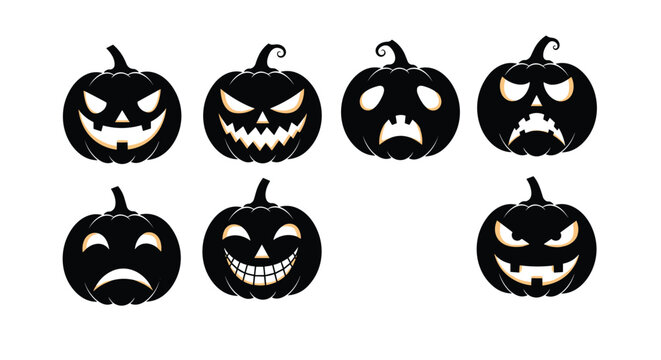 Array of black jack-o-lantern pumpkin faces with different expressions for Halloween, perfect for scary and playful holiday decorations.