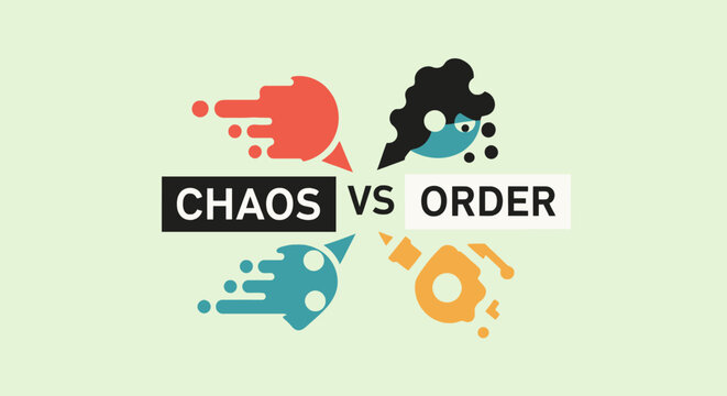 Chaos vs order text with abstract illustrative icons