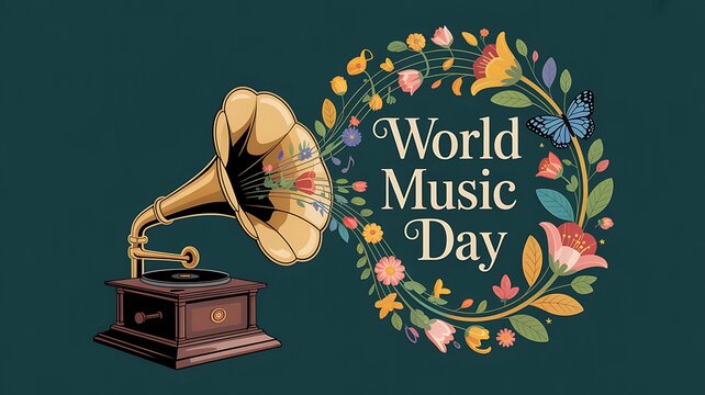 Vintage gramophone and world music day text with floral wreath
