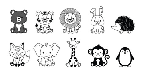 Cute outline forest and safari animals vector set including bear tiger lion rabbit hedgehog fox elephant giraffe monkey penguin. © MdShohidul
