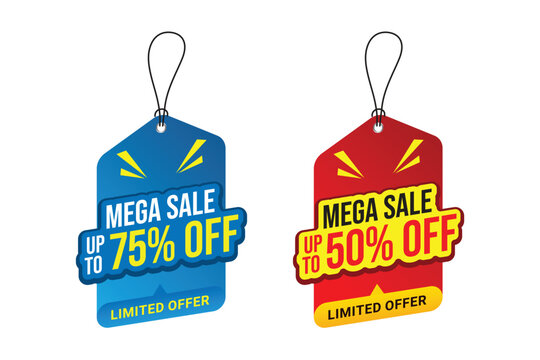 Promotional sale labels best offers sticker bundle, Mega sale up to 70% off, Dangler Vector template design, vector illustration. Red and blue Dangler.