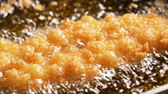 Crispy golden chicken cutlet frying in hot bubbling oil