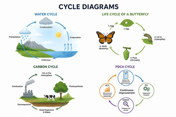 Naklejka premium Infographics illustrate various cycles including the water cycle, life cycle of a butterfly, carbon cycle, and PDCA cycle.