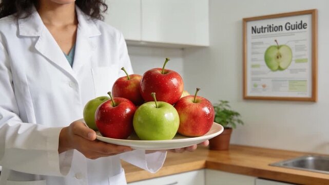 Nutritionist holding a plate of fresh apples in a healthcare setting, promoting healthy eating, balanced nutrition, diet planning, and wellness education.