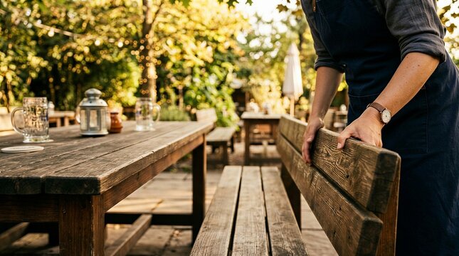 Woman moving a wooden bench at an outdoor restaurant table. Summer evening dining setup with beer mugs and lantern. Restaurant preparation