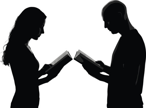 Two Silhouetted Figures Reading Books Face to Face, Representing Shared Knowledge, Study Communication, Learning Bond, and Intellectual Exchange