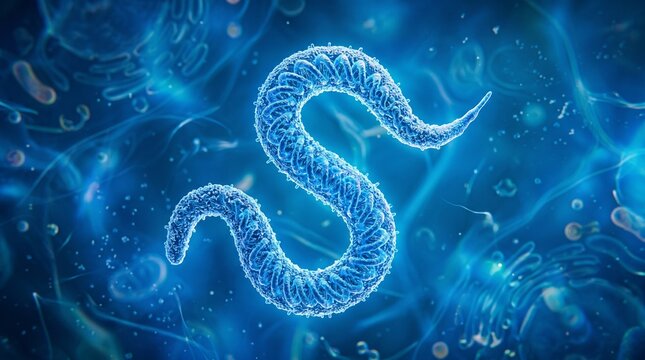 Microscopic blue nematode worm parasite, 3d illustration
