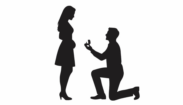 Silhouette of a man proposing marriage to a woman with a ring