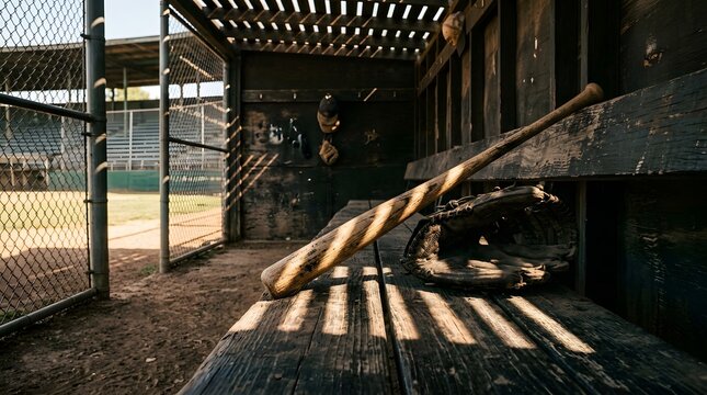 Wooden baseball bat resting on a dark dugout bench next to a leather catching mitt.