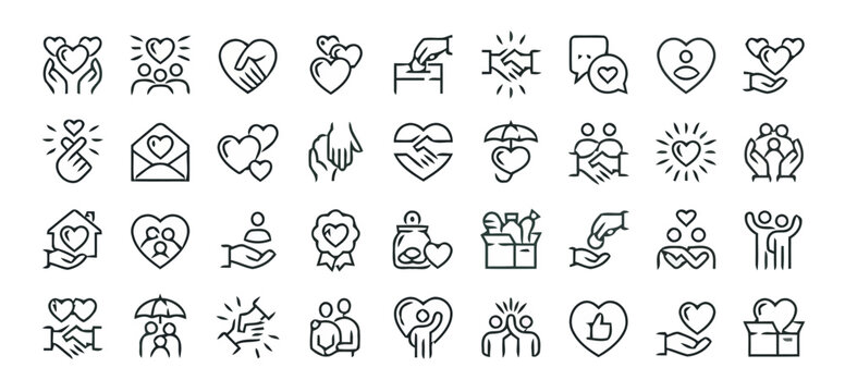 Charity and donation line icons set including love, volunteer work, help, care, and community support symbols