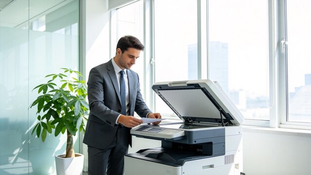 Businessman using office printer