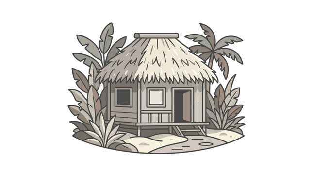 Tropical thatch roof beach hut with palm trees.