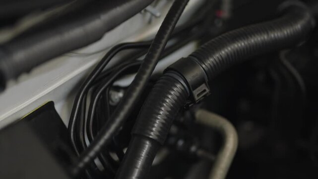 Close-up of black corrugated automotive wiring hose and thin metal brake lines under the hood of a car.