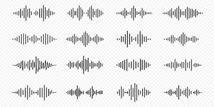 Podcast sound waves. Audio waveforms line icons, sound wave frequency or voice microphone signals. Music, podcast and broadcast, UI and audio branding design. Isolated vector set