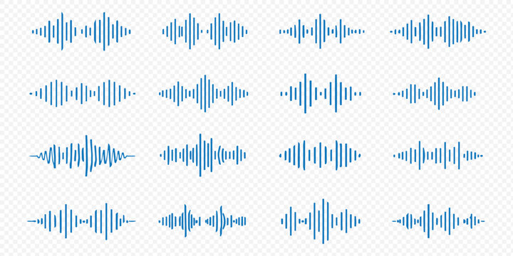 Podcast sound waves. Audio waveforms line icons, sound wave frequency or voice microphone signals. Music, podcast and broadcast, UI and audio branding design. Isolated vector set
