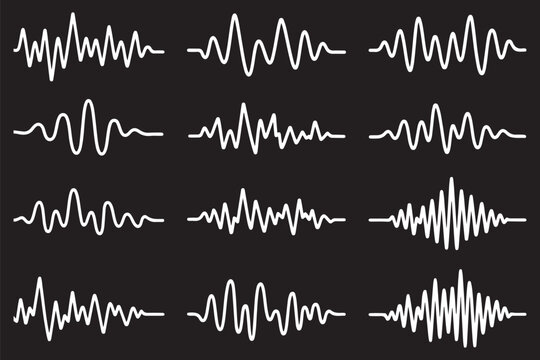 Podcast sound waves. Audio waveforms line icons, sound wave frequency or voice microphone signals. Music, podcast and broadcast, UI and audio branding design. Isolated vector set