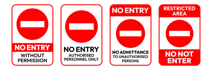 Plakat No entry authorised personnel sign. No access pedestrians prohibition sign. Do not enter without permission symbol. No public access area prohibited safety signs. Stop hand icon. Vector Illustration.