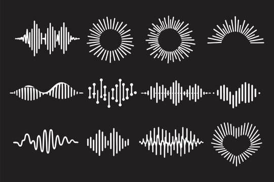 Audio and sound wave line icon set with microphone speaker mute volume frequency signal symbols for apps. Icons for hearing care: hearing aid device sound wave propagation audiogram chart with hearing