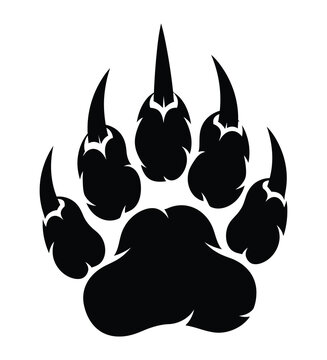 Black silhouette of a wild animal paw print with sharp claws isolated on white background.