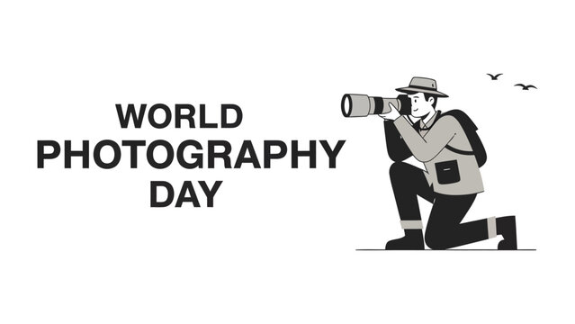 World Photography Day Celebration: A photographer in a hat and backpack crouches, holding a large camera and looking through the lens, ready to capture a moment.
