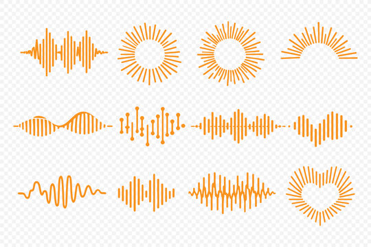 Audio and sound wave line icon set with microphone speaker mute volume frequency signal symbols for apps. Icons for hearing care: hearing aid device sound wave propagation audiogram chart with hearing