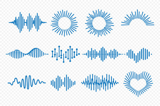 Audio and sound wave line icon set with microphone speaker mute volume frequency signal symbols for apps. Icons for hearing care: hearing aid device sound wave propagation audiogram chart with hearing