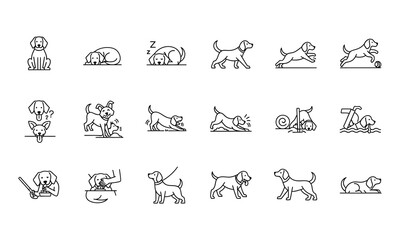 Fototapeta premium Black thin line icons set of dogs in different poses and situations on white backdrop.