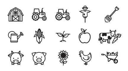 Farm icons with barn tractor scarecrow shovel watering can corn plant cow pig sunflower chicken wheelbarrow © Tanvir