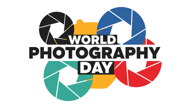 World Photography Day: A vibrant graphic celebrating World Photography Day with stylized camera apertures in various colors and a minimalist camera silhouette.