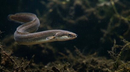 Fototapeta premium A close up of a European eel swimming in dark murky water.