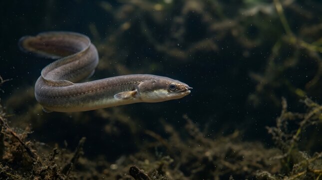 A close up of a European eel swimming in dark murky water.