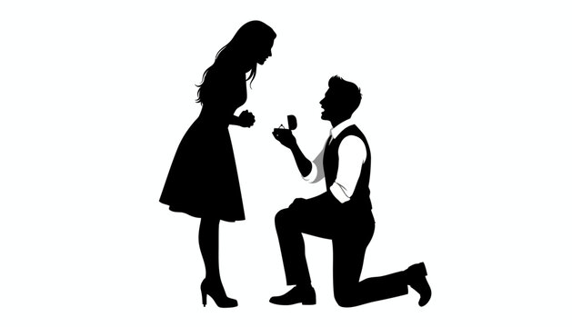 Man proposing to his girlfriend on one knee with engagement ring in a box silhouette illustration