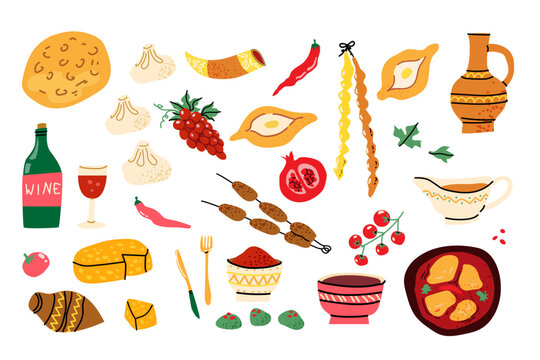 Georgian dishes elements set in retro cartoon. Food of Georgia: khinkali, khachapuri, wine, chakhokhbili, cheese. Georgian meal and ingredients. Pkhali
