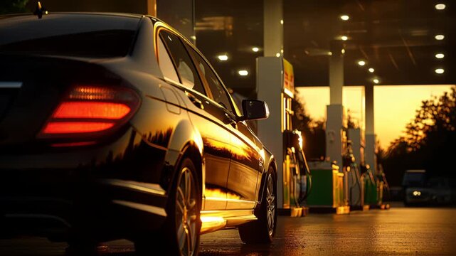 Car parked at gas station during sunset with bright lights and clear sky in the background