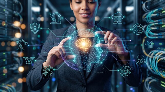 Woman interacting with holographic AI brain interface, futuristic technology concept in server room