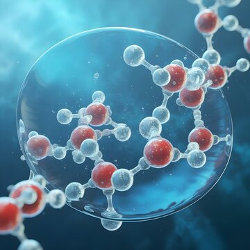 Ilustraci&oacute;n 3D de estructura molecular dentro de una burbuja de agua