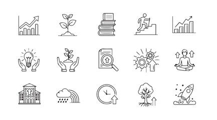 Fototapeta premium Growth and development icons with business and life concepts in clean outline style