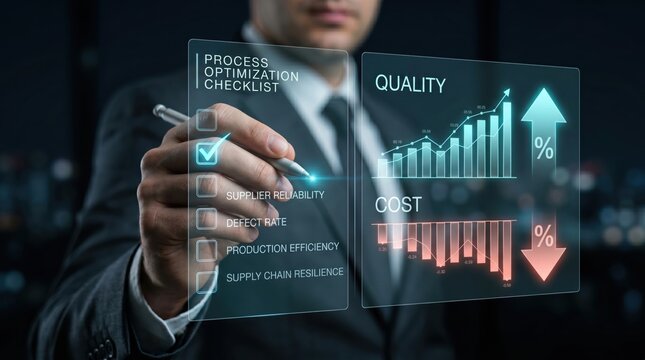 Businessman checking process optimization checklist, quality control graph increasing, cost reduction chart decreasing, supply chain management, manufacturing efficiency